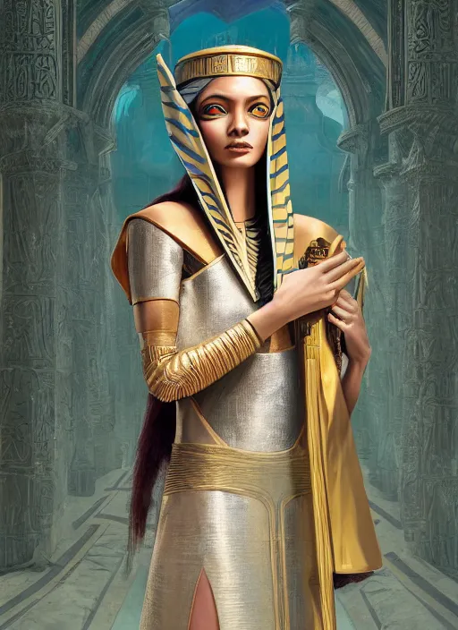 Image similar to an anthropomorphic beautiful female wizard of pharaoh holding magic wand portrait wearing robe, fine art, award winning, intricate, elegant, sharp focus, octane render, hyperrealistic, cinematic lighting, highly detailed, digital painting, 8 k concept art, art by jamie hewlett and z. w. gu, masterpiece, trending on artstation, 8 k