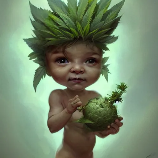 Image similar to a cute little baby made of hemp, with a head in the form of a cannabis bloom, like baby grut, green skin, character, art by james jean and greg rutkowski!!, realistic face, digital art, chibi style, golden ratio, perfect composition, trending on artstation, 8 k