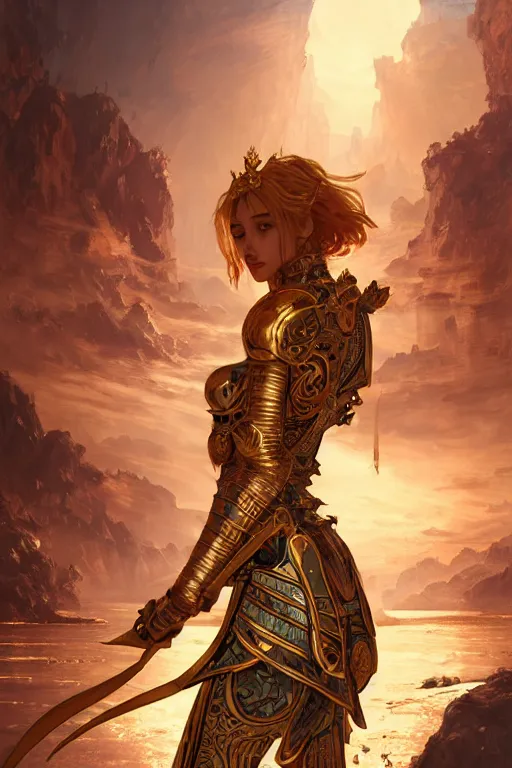 Image similar to knights of zodiac girl, golden and copper armor, karate fighting in ruined agora of athens sunrise, ssci - fi and fantasy, intricate and very very beautiful and elegant, highly detailed, digital painting, artstation, concept art, smooth and sharp focus, illustration, art by tian zi and wlop and alphonse mucha