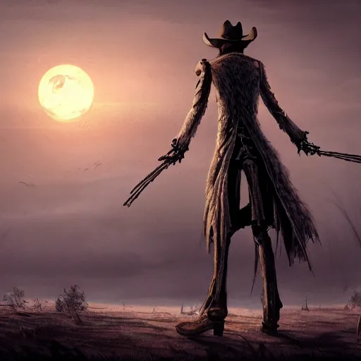 Image similar to a wounded skeleton cowboy in a long coat watching a sunset, concept art, DeviantArt, art station, illustration, highly detailed, artwork, cinematic, hyper realistic