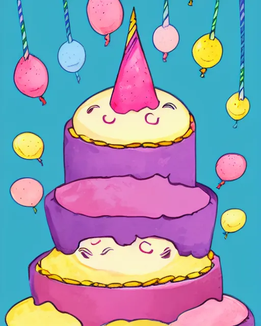 Image similar to cutest cartoon illustration happy birthday cake, macaroons, cute, colorful, pastel beautiful, artstation, deviantart, pinterest, 5 0 0 px