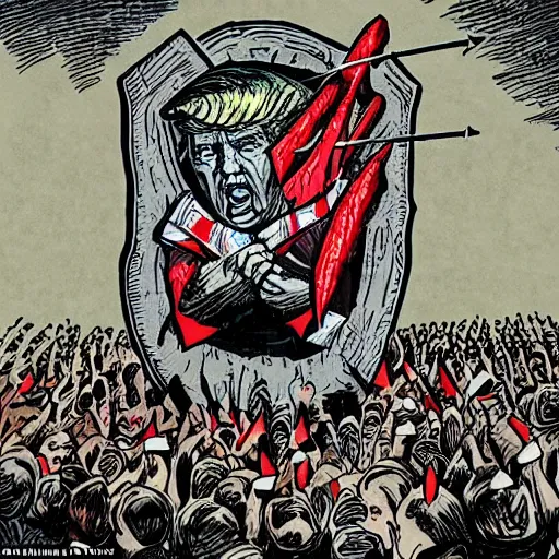 Image similar to political cartoon of trump hiding behind a shield made of hundreds of people who are getting pierced by arrows ( bloody )