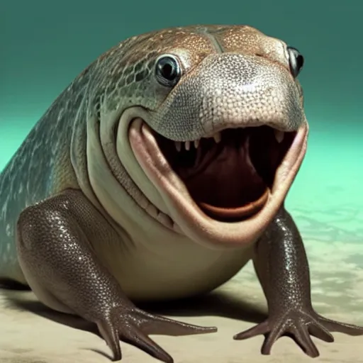 Prompt: A medium, hybrid, bipedal amphibian with a manatee head, no ears, and a long jaw containing four sharp fangs