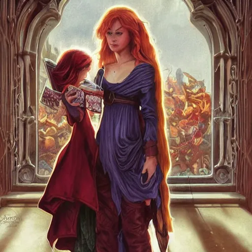 Image similar to an epic fantasy comic book style painting of a young red headed girl with a book in one arm meeting a young boy thief with blonde wearing plain brown leather thief clothes, d & d, fantasy, intricate, elegant, highly detailed, digital painting, artstation, concept art, matte, sharp focus, illustration, art by artgerm and greg rutkowski and alphonse mucha