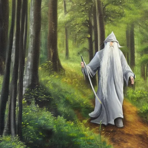 Prompt: Gandalf travelling trough the forest, oil painting