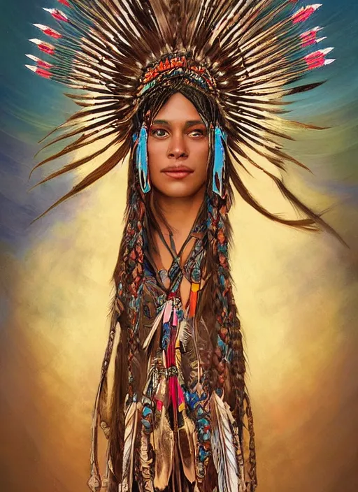 Image similar to portrait of Cree Summer as beautiful native american woman wearing an elaborate headdress, intricate, elegant, highly detailed, centered, digital painting, artstation, concept art, smooth, sharp focus, illustration, art by android jones and donato giancola and alphonse mucha