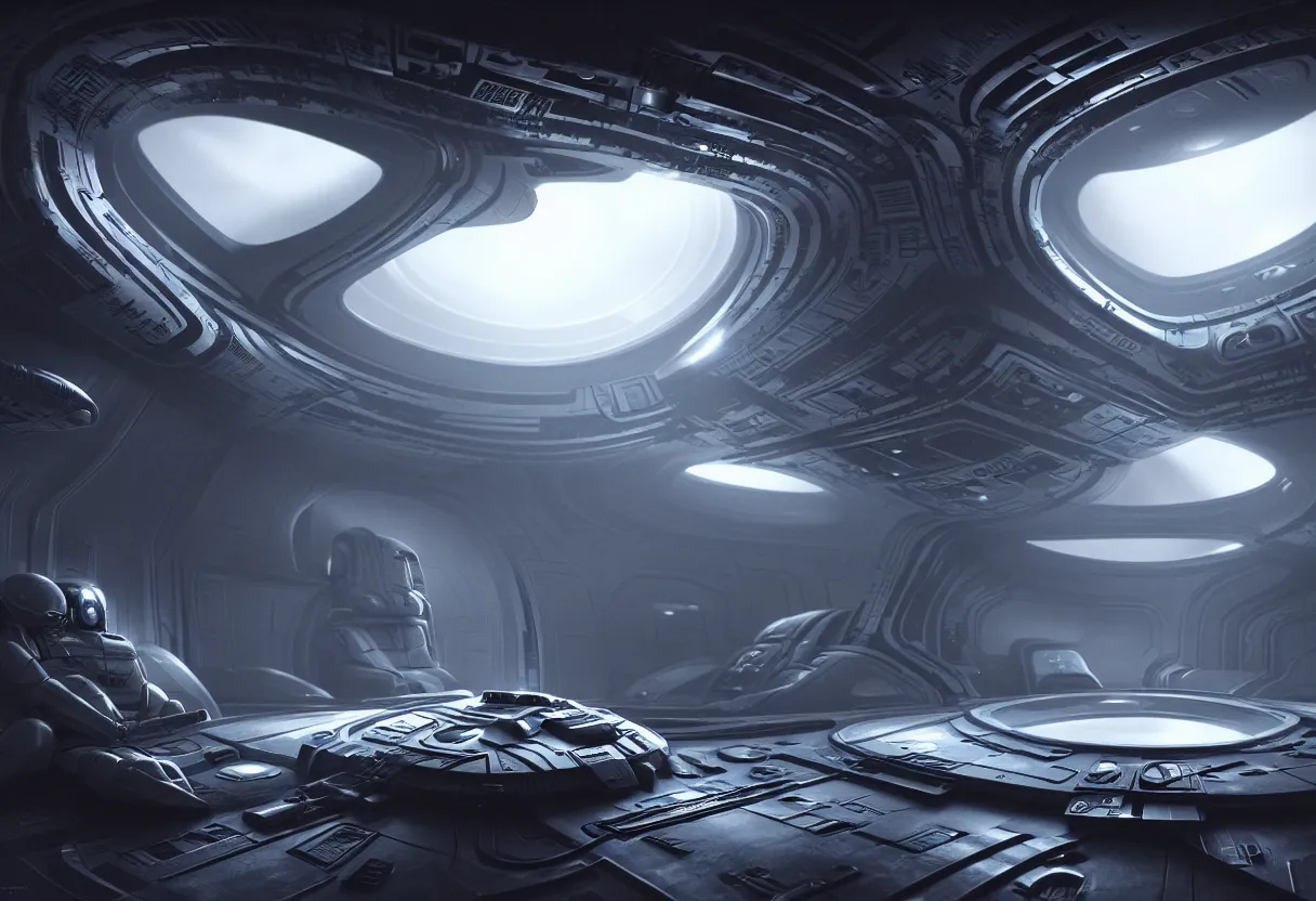 Prompt: inside of alien space ship of human mind and imagination, matte painting, beautiful render, octane render, concept art