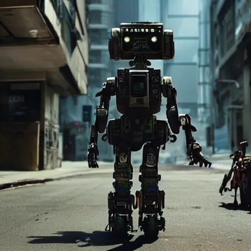 Prompt: chappie - johnny 5 - hybrid, futuristic, walking in cyberpunk streets, cinematography by trent opaloch, deep depth field, masterpiece, featured on vimeo, featured on pixiv, cinematic composition, hyper - detailed, sharp focus, hd, hdr, 4 k, 8 k