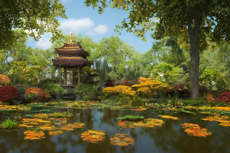 Image similar to A lovely overgrown temple in a pond full of lily pads with autumn!!! trees overhead and blue aberrant skies, trending on artstation, 4k, 8k, illustrated and reimagined by Max Hay, yellow dappled lighting, eye-level view, artstation 3d, artstation render, artstation 3d render, 3d art, unreal engine 3d, octane 3d, blender 3d, 3d landscape, photorealistic imagery, photorealistic details, intricate, highly detailed, fisheye!!! view!!!, lens distortion!!!, chromatic aberration