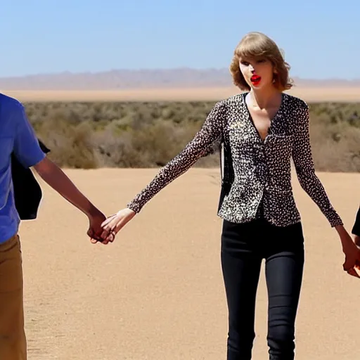 Image similar to Taylor Swift holding hands with Obama on a desert highway, distant, mid day, noon, desert, centered