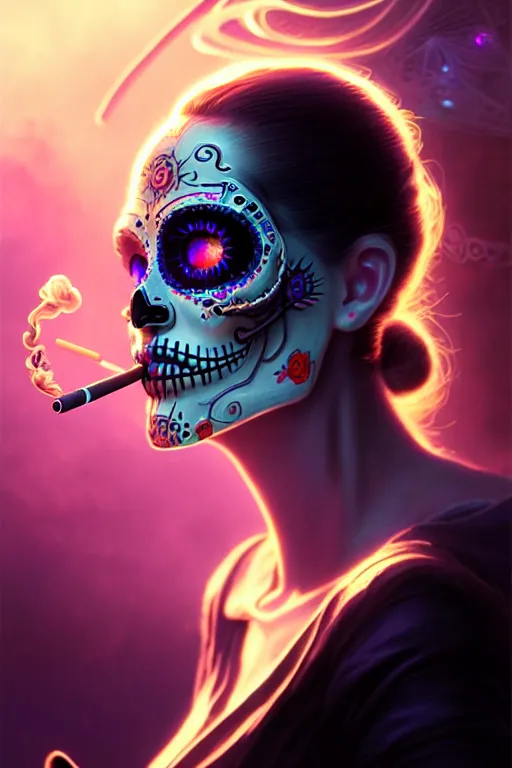 Image similar to ultra detailed, beautiful female android smoking a cigarette, scifi, fantasy, ( dia de los muertos ), triadic color scheme, intricate detailed, global illumination, concept art. smoke, calm, noir. art by godmachine and michael welan and rossdraws and artgerm and greg rutkowski and loish and wlop. 8 k, hdr