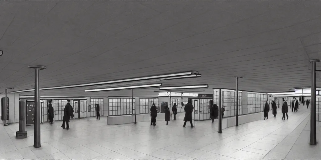 Image similar to Subway station, by Jeff A. Menges, By Mike Kemp and Vito Akensi Ludwig Mies van Der Rohe, Matte Painting, Art Station Trends H 576