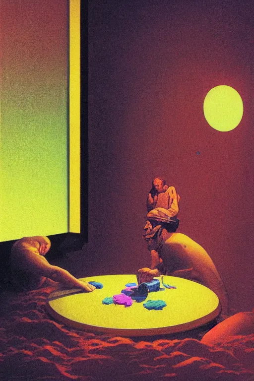 Prompt: man licks a tab of LSD acid on his tongue and experiences psychedelic hallucinations, by kawase hasui, moebius, Edward Hopper and James Gilleard, Zdzislaw Beksinski, Steven Outram colorful flat surreal design, hd, 8k, artstation