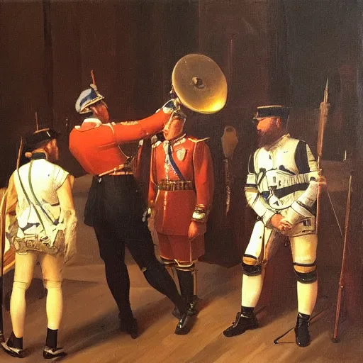 Image similar to the changing of the guard but with technicians, oil painting