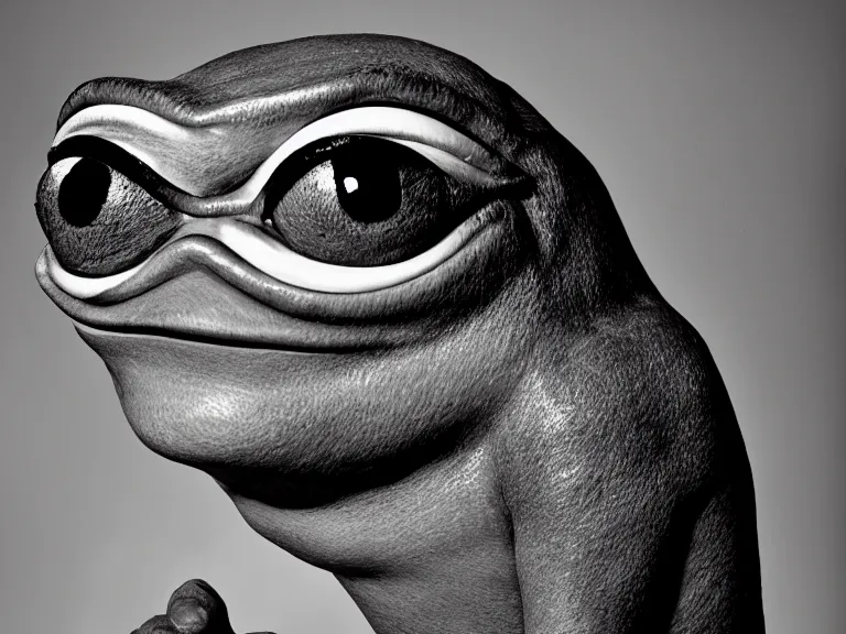 Image similar to portrait of Pepe the frog by Cecil Beaton, glamorous Hollywood style lighting, black and white, photorealistic