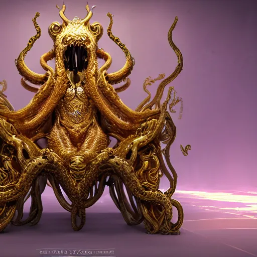 Prompt: a photo of 8k ultra realistic corrupted lovecraftian golden queen on her oversized throne, 8 intricate white and gold tentacles, in ornate white and gold armour, cinematic lighting, trending on artstation, 4k, hyperrealistic, focused, high details, unreal engine 5, cinematic, masterpiece