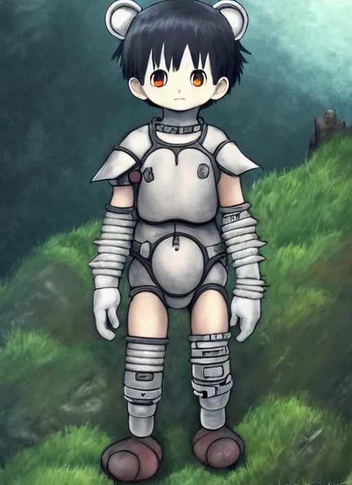 Image similar to beautiful little boy wearing an cyborg bear suit, artwork in kentaro miura and made in abyss and rosdraws, smooth, beautiful lightness, anatomically correct, trending on pixiv, forest