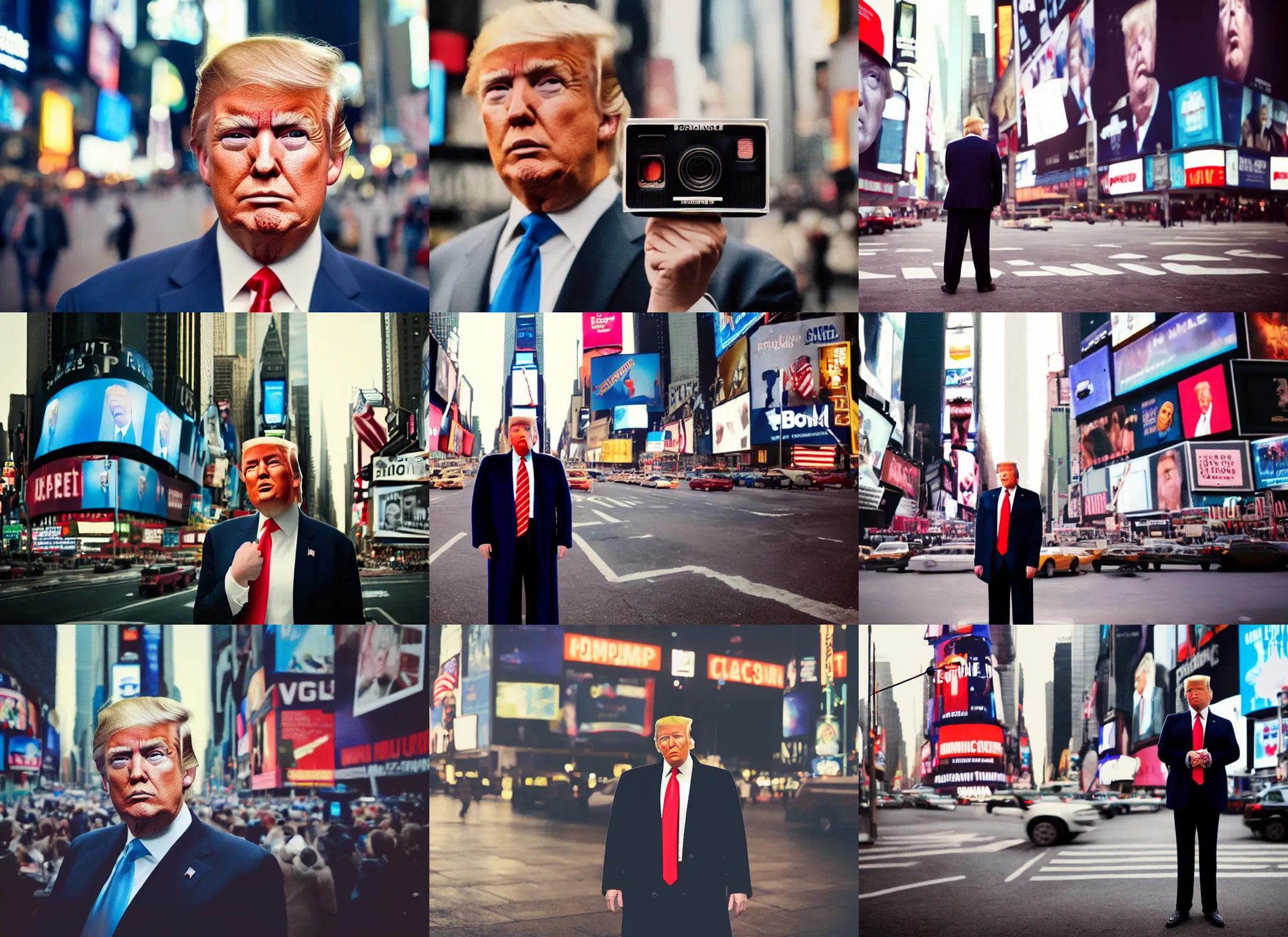 Prompt: close up portrait of donald trump standing close to camera, times square, cinematic focus, polaroid photo, vintage, neutral dull colors, soft lights, dramatic, by oleg oprisco, by thomas peschak, by discovery channel, by victor enrich, by gregory crewdson