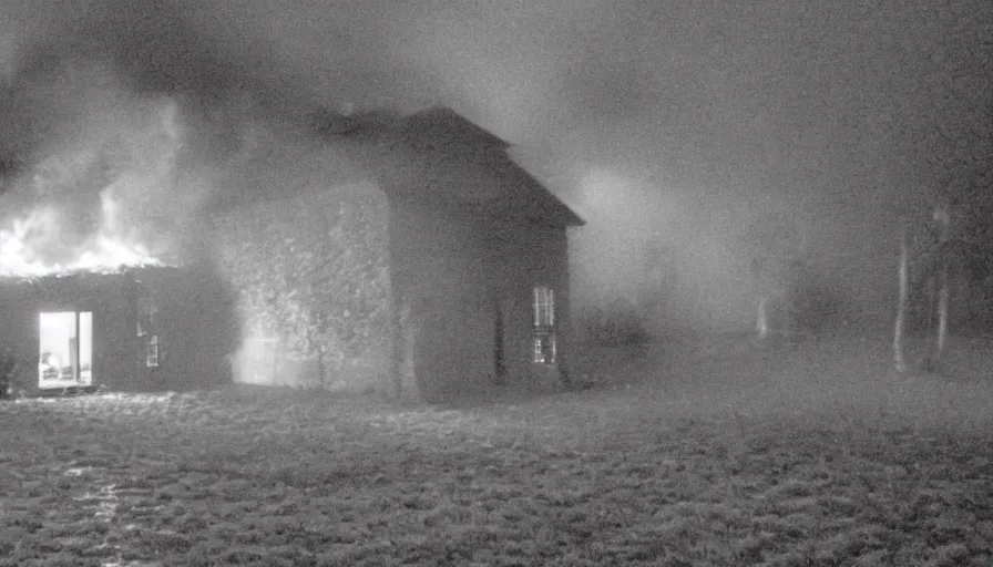 Image similar to mini dv camera found footage of a heavy burning french style little house by night, rain, foggy, in a small northern french village, heavy grain, very low quality, high detail, dramatic light