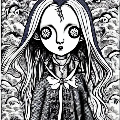 Image similar to Luna Lovegood in the style of Junji Ito. Manga. Black and white. Gothic. Horror. Exquisitely detailed. 4K.