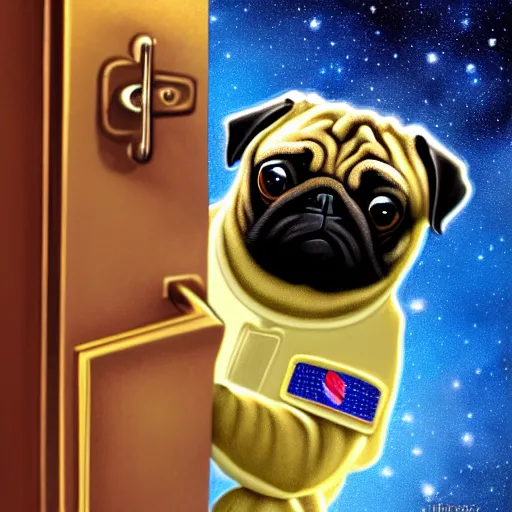 Image similar to golden - ration, gif, high - resolution, pencil art, colorized, extra - detailed, 8 k - resolution, pug astronaut, opening door, in space that leads into the universe