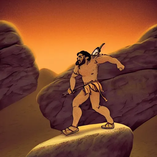 Image similar to persian folktale art style, barbarian on mars, standing atop boulder overlooking barren expanse, looking away from viewer