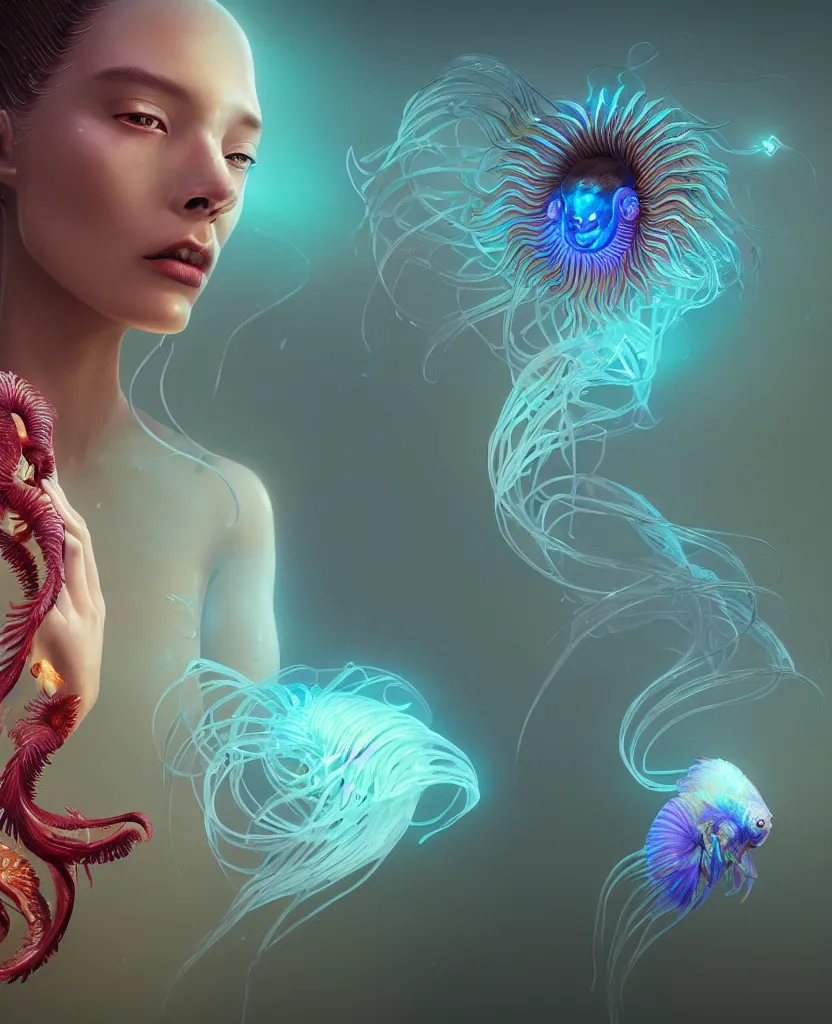 Image similar to goddess close-up portrait. chimera orchid jellyfish phoenix head, nautilus, skull, betta fish, bioluminiscent creatures, intricate artwork by Tooth Wu and wlop and beeple. octane render, trending on artstation, greg rutkowski very coherent symmetrical artwork. cinematic, hyper realism, high detail, octane render, 8k