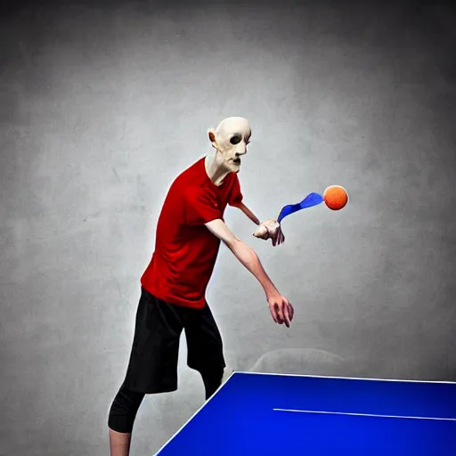 Prompt: portrait of nosferatu playing alone ping pong, sport photography
