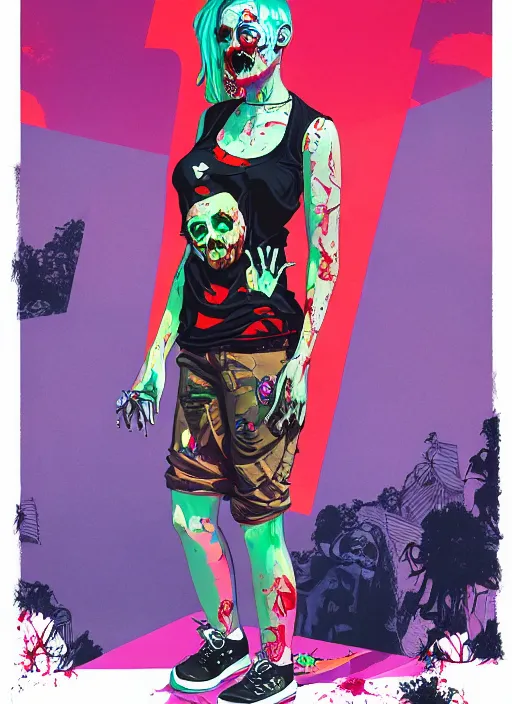 Prompt: zombie full body female modeling hiphop streetwear drip, tristan eaton, victo ngai, artgerm, rhads, ross draws