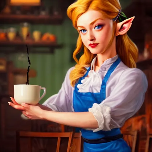 Image similar to Zelda as a cafe waitress pouring coffee into a customer's cup, amazing, beautiful, perfect eyes, full body shot, portrait, vivid colors, elegant, concept art, sharp focus, digital art, Hyper-realistic, 4K, Unreal Engine, Highly Detailed, HD, Dramatic Lighting by Brom, trending on Artstation