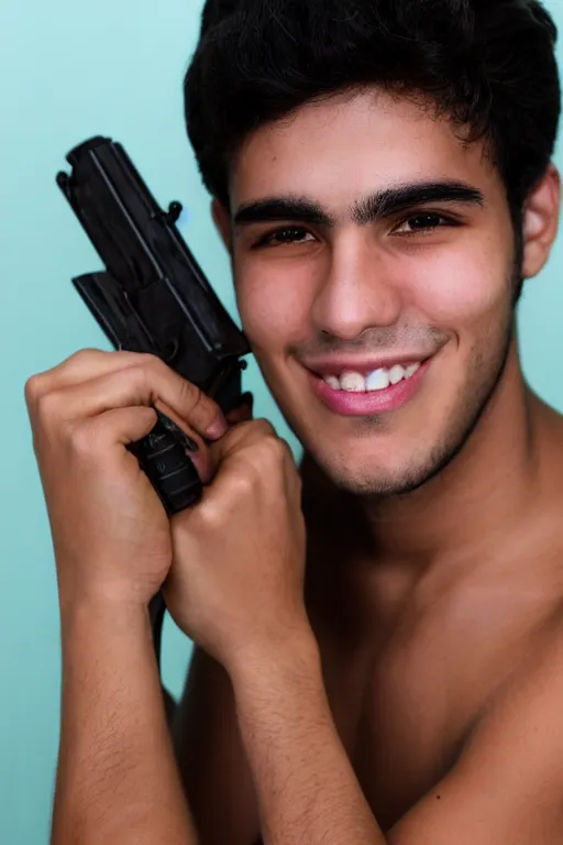 Prompt: a portrait of a handsome 2 3 years old cuban man holding a gun