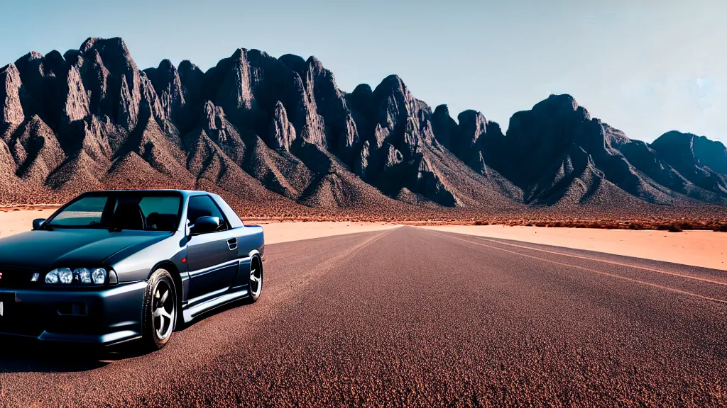 Image similar to three quarter front photo of a stock dark grey nissan r 3 2 skyline gtr on a road in a desert with a mountain in the background in the early morning, car photography, depth of field, zoom lens, blue hour, photorealistic