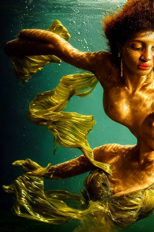 Prompt: hyperrealistic neo - rococo cinematic half underwater scene with fish and algae, very expressive! translucent elegant african goddess getting out of water, gold jewerly, highly detailed face, digital art masterpiece, aykut aydogdu zener, dramatic volumetric light, long shot, low angle uhd 8 k, sharp focus