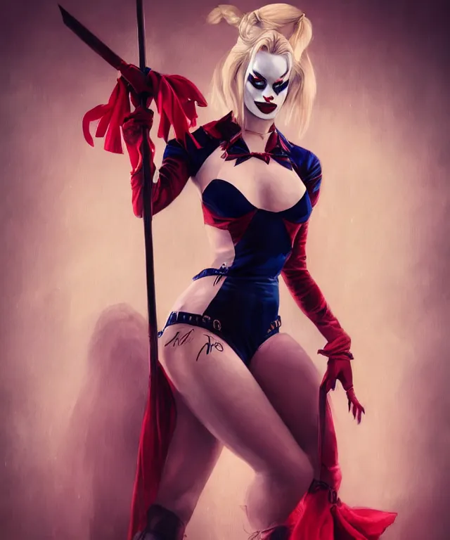 Prompt: margot robbie as harley quinn at the circus by charlie bowater and artgerm, full body portrait, intricate, face, carnival, elegant, beautiful, highly detailed, dramatic lighting, sharp focus, trending on artstation, artstationhd, artstationhq, unreal engine, 4 k, 8 k