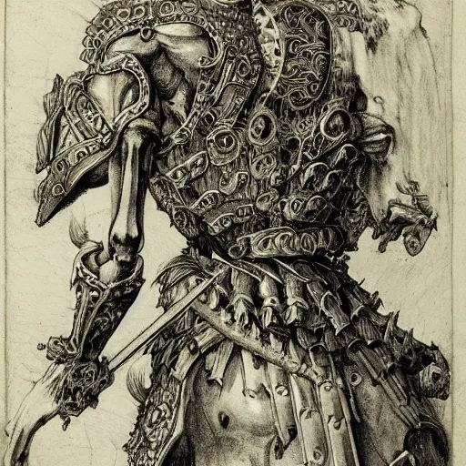 Prompt: skeleton warrior with a very ornate armor, very detailed, complex drawing, hyper detailed, renaissance, monochrome, albert durer style