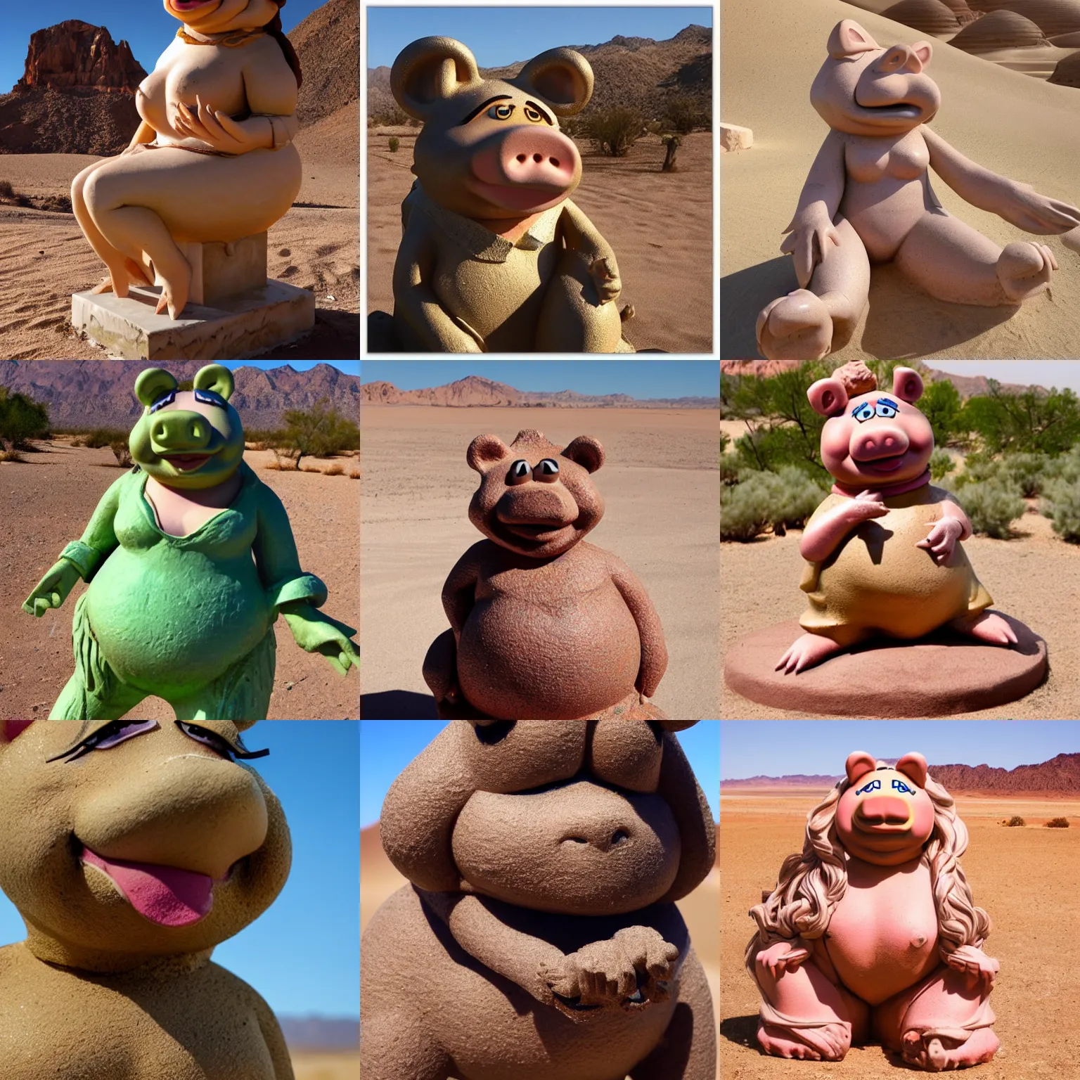 Prompt: seductive crumbling statue of miss piggy in the desert