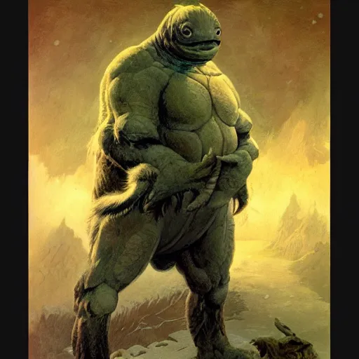 Image similar to anthropomorphic turtle humanoid, carapace, frank frazetta, blizzard, winter, night, furs, fantasy