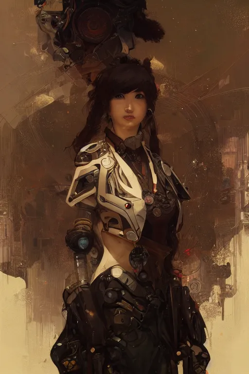 Image similar to A full portrait of a powerful beautiful futuristic dystopian junktown Japanese techromancer sorcerer enchanter, intricate, elegant, highly detailed, digital painting, artstation, concept art, smooth, sharp focus, illustration, art by Krenz Cushart and Artem Demura and alphonse mucha