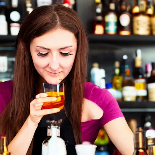 Image similar to a tired and over-heated young female bartender with brown hair serving people alcohol under the hot sun, photograph, 4k