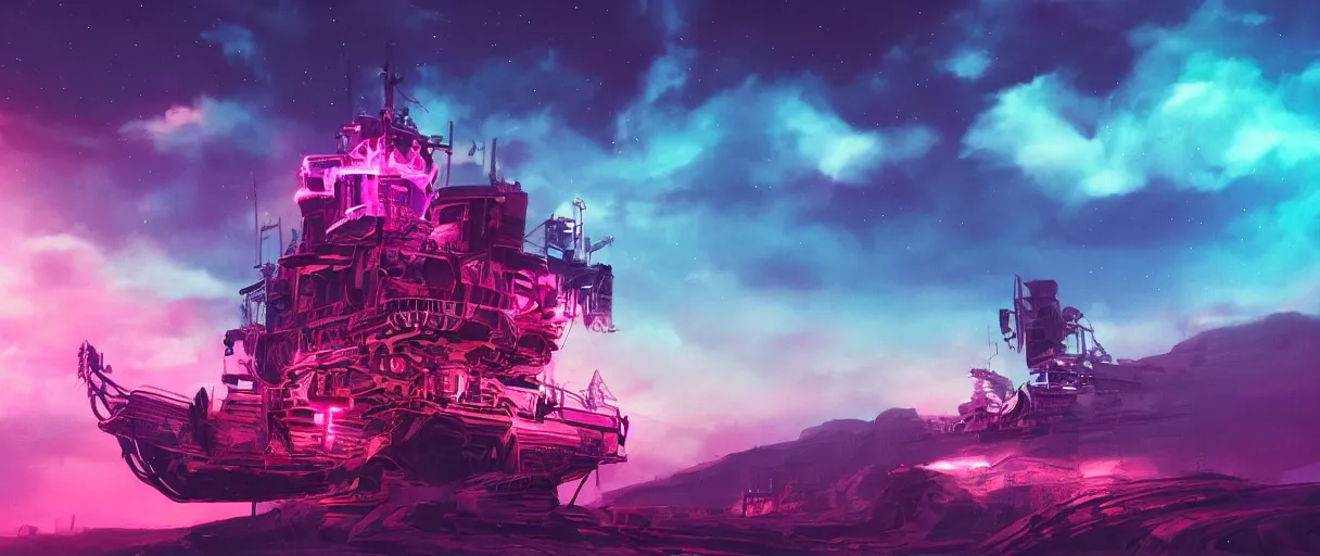 Image similar to space, hyperdetailed illustration, portrait big dark dog, mohawk, stars, pink, neon, oil painting, rich deep colors masterpiece, pirate neon ship, ultra detailed, contrast, heaven pink, clouds, volumetric light, atmospheric lighting, dramatic, cinematic, moody, octane render 4 k, 8 k