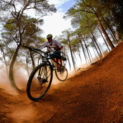 Prompt: An action photo of a giraffe with old school brown pilot goggles riding mountainbike, fast towards the camera, motion blur, high detail, wide shot