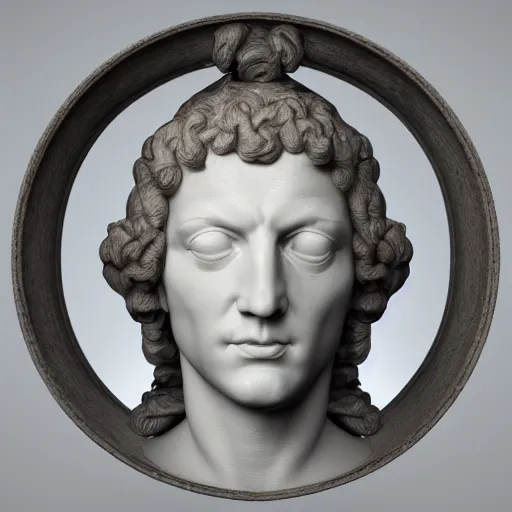 Image similar to a giant neon ring surrounding a renaissance statue head, 3 d render