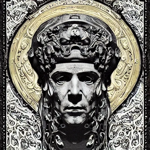 Prompt: Bucket osborne robert mandel artstation Unreal 8k | greco-roman art, intricate complexity. Gilded swirls on monochrome | occult propaganda | dread, fear,