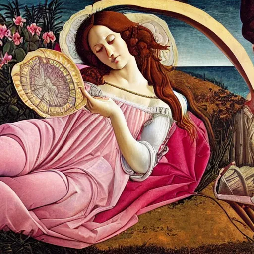 Image similar to an ultradetailed mythological oil painting of a beautiful woman with long brown hair, full body, wearing pink floral gown, lying asleep within a giant scallop shell, near the seashore, intricate lines, elegant, renaissance style, by sandro botticelli