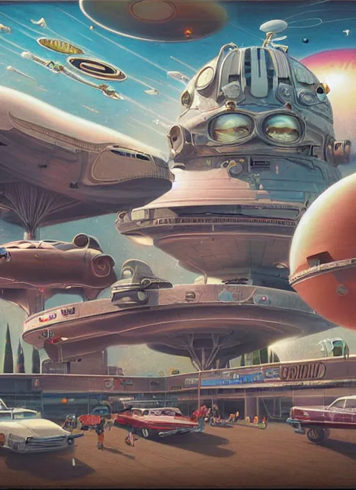 Image similar to highly detailed wide - angle portrait of a retro 1 9 6 0 s spaceport, nicoletta ceccoli, mark ryden, lostfish, earl nore, hyung tae, frank frazetta, global illumination, god rays, detailed and intricate environment