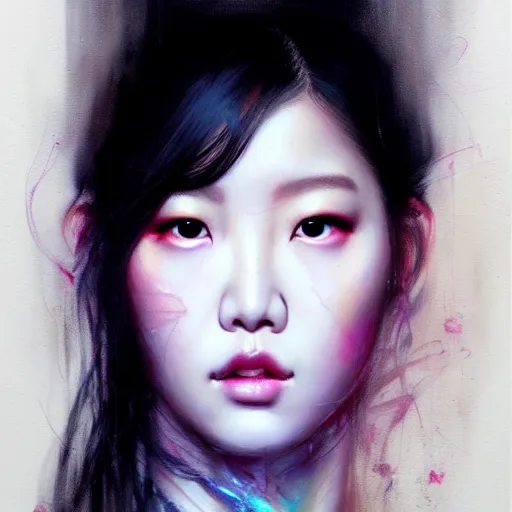 Image similar to roseanne park of blackpink, hyperrealistic portrait, bladerunner street, by karol bak and agnes cecile, fantasy art, photo realistic, dynamic lighting, artstation, poster, volumetric lighting, very detailed face, intricate complexity, 8 k, award winning