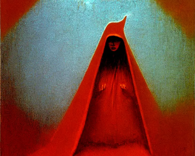 Image similar to by francis bacon, beksinski, mystical redscale photography evocative. devotion to the scarlet woman, priestess in a conical hat, vision quest, insight, divine presence