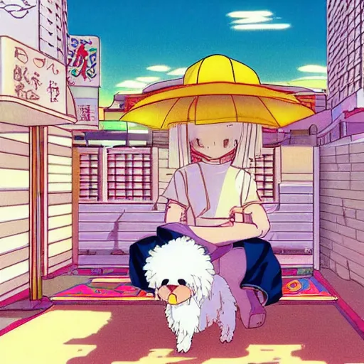 Prompt: a maltese dog dozing off by kinkakiji, sprite, vaporwave nostalgia, directed by beat takeshi, visual novel cg, 8 0 s anime vibe, kimagure orange road, maison ikkoku, sketch by akira toriyama