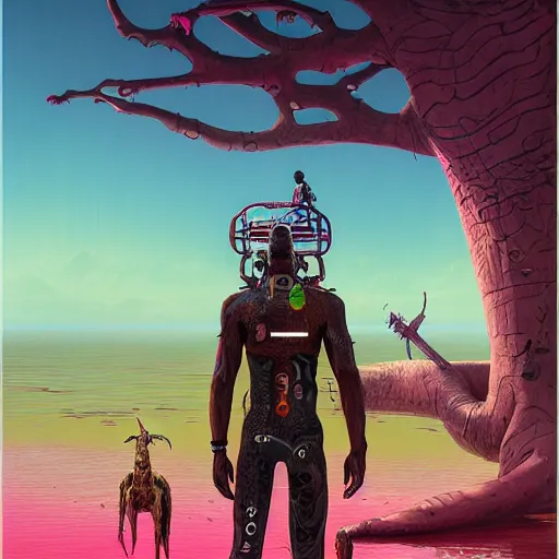 Image similar to a zulu cyberpunk hunter near a pink crocodile infested lake witha a baobab tree by greg rutkowski and android jones in a surreal portrait style, oil on canvas, 8k resolution.