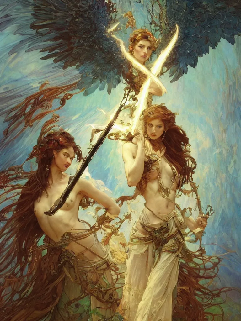 Prompt: an image of a terrifyingly beautiful angel of paradise wielding an electrified sword, by Stanley Artgerm Lau , greg rutkowski, thomas kindkade, alphonse mucha, loish, norman Rockwell